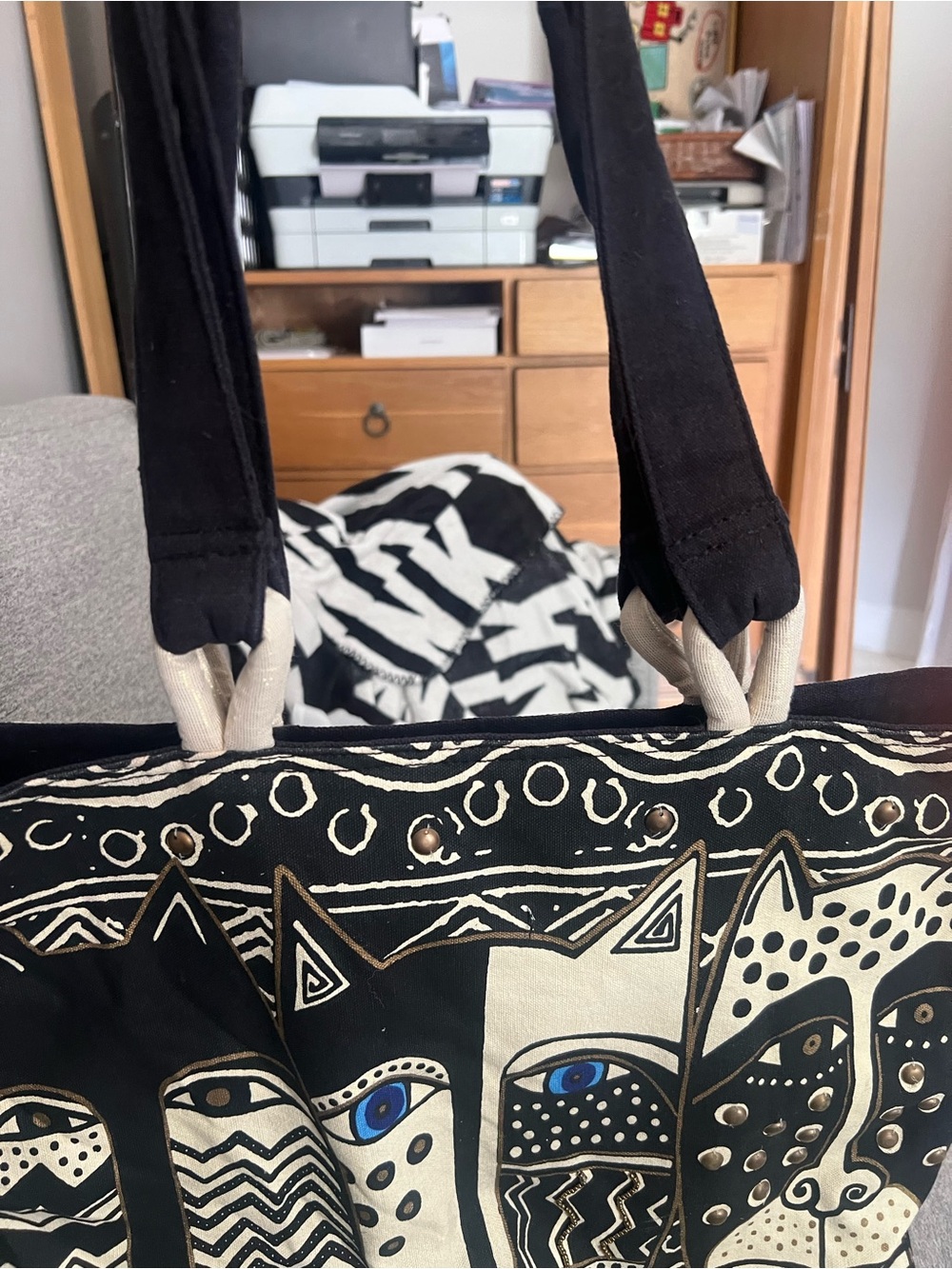 LAUREL BURCH CAT Shoulder TOTE BAG Black & White Cats Geometric rare vintage - Picture 6 of 11